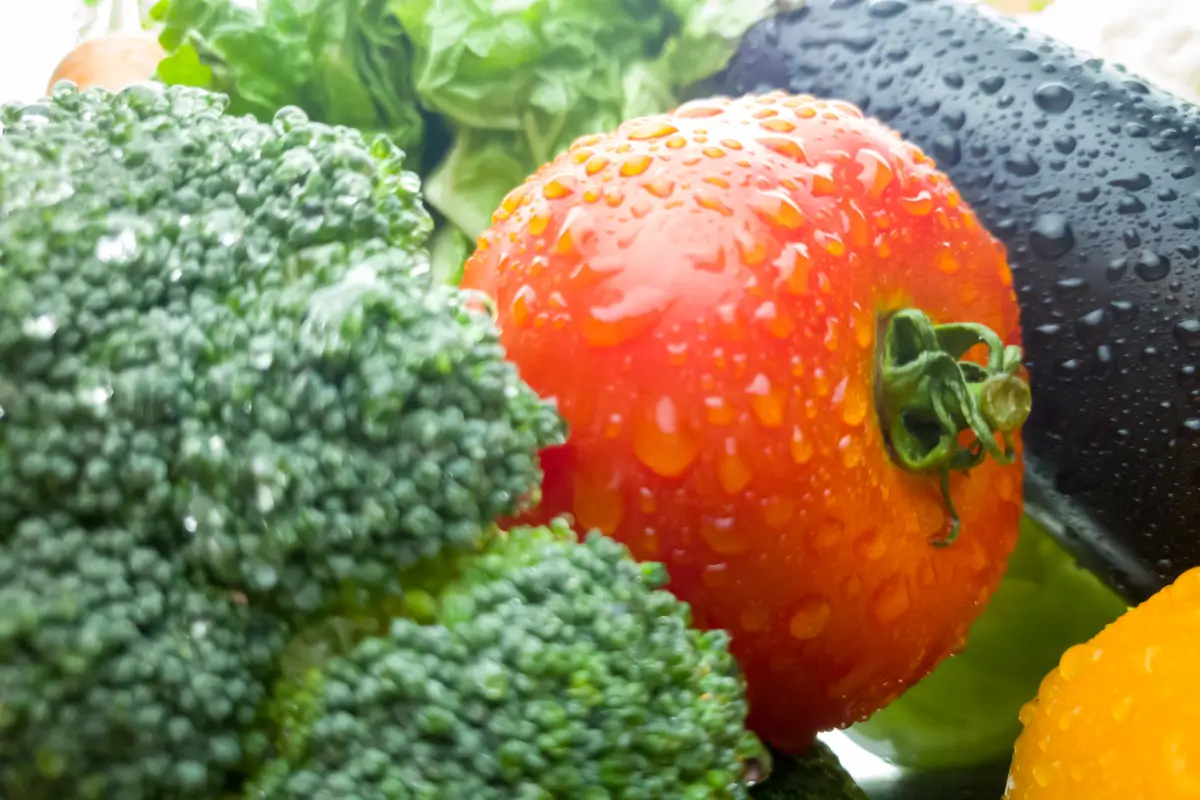 Fresh broccoli, red bell pepper, and tomato with water droplets after washing